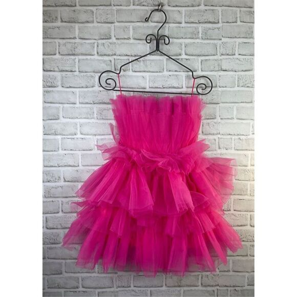 VICI Women's Hot Pink Strapless Tiered Tulle Mini Dress Size Small Barbie Core - Picture 3 of 12